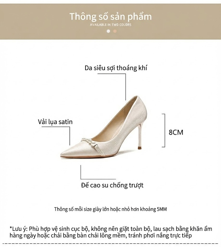 Giày Cao Gót Nữ Mũi Nhọn Đính Hạt Chiều Cao Đế 8cm Màu Trắng chi tiết 4