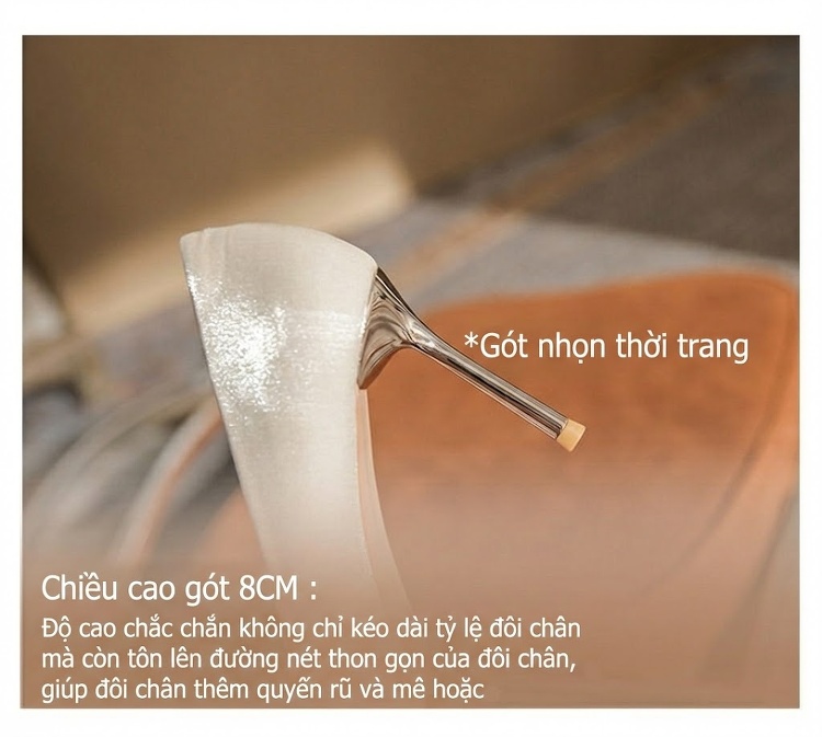 Giày Cao Gót Nữ Mũi Nhọn Đính Hạt Chiều Cao Đế 8cm Màu Trắng chi tiết 10