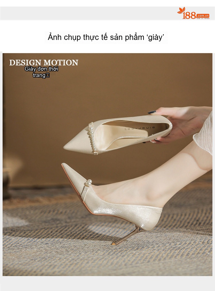 Giày Cao Gót Nữ Mũi Nhọn Đính Hạt Chiều Cao Đế 8cm Màu Trắng chi tiết 12