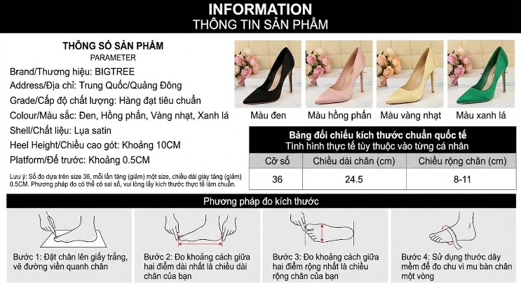 Giày Cao Gót Nữ Mũi Nhọn Đính Hoa Chiều Cao Đế Khoảng 8cm Màu Đen, Xanh Lá, Vàng, Hồng... chi tiết 1