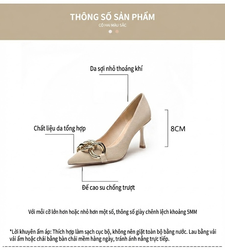 Giày Cao Gót Nữ Mũi Nhọn Gót Nhọn Chiều Cao Đế 6cm-8cm Quai Kim Loại Phong Cách Âu Mỹ Màu Kem, Đen chi tiết 4