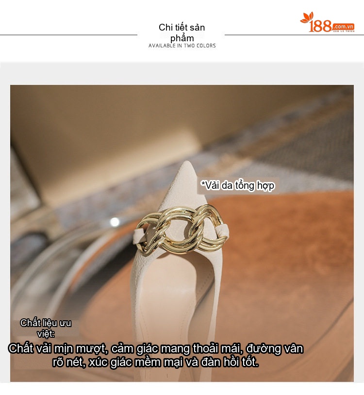 Giày Cao Gót Nữ Mũi Nhọn Gót Nhọn Chiều Cao Đế 6cm-8cm Quai Kim Loại Phong Cách Âu Mỹ Màu Kem, Đen chi tiết 7