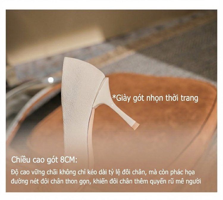 Giày Cao Gót Nữ Mũi Nhọn Gót Nhọn Chiều Cao Đế 6cm-8cm Quai Kim Loại Phong Cách Âu Mỹ Màu Kem, Đen chi tiết 9