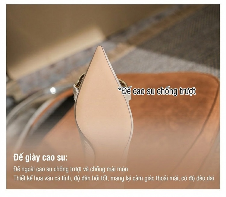 Giày Cao Gót Nữ Mũi Nhọn Gót Nhọn Chiều Cao Đế 6cm-8cm Quai Kim Loại Phong Cách Âu Mỹ Màu Kem, Đen chi tiết 10