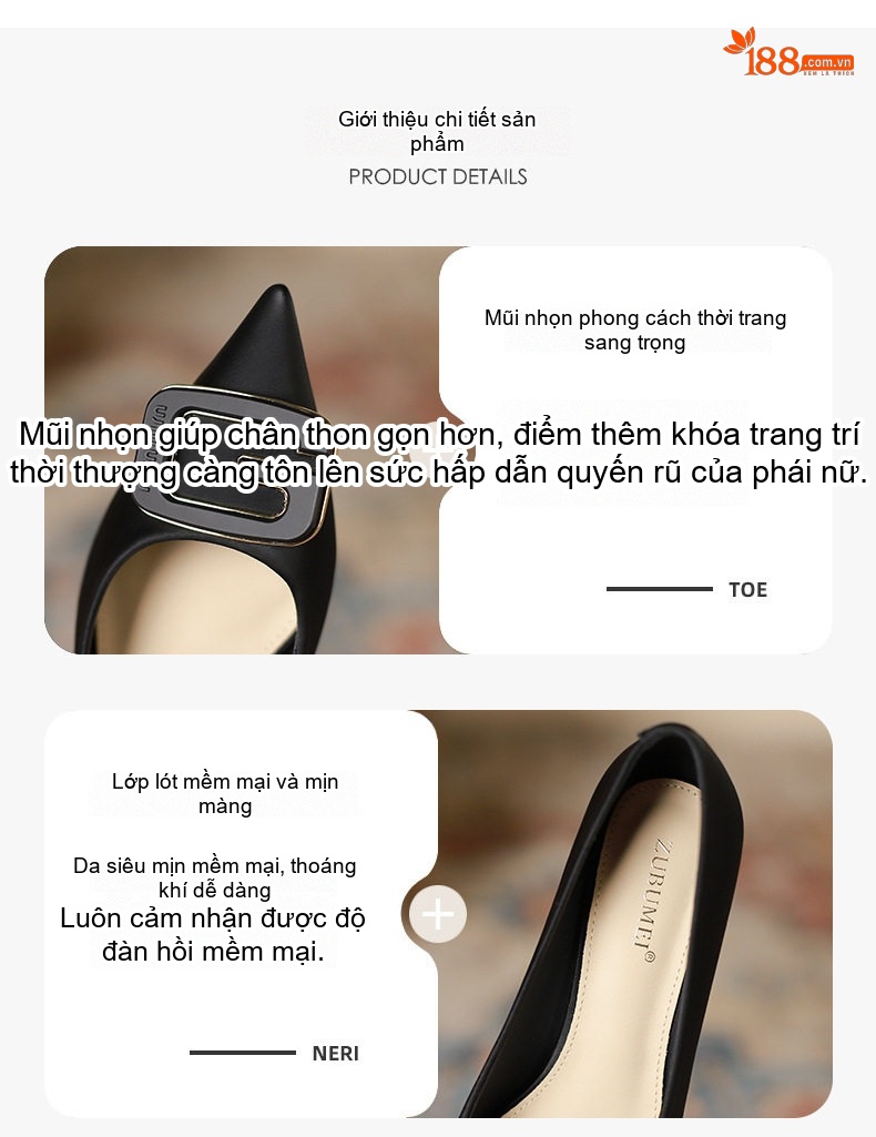 Giày Cao Gót Nữ Mũi Nhọn Gót Nhọn Chiều Cao Đế Khoảng 5cm Phong Cách Pháp Da Bóng Màu Đen, Trắng, Nude chi tiết 3