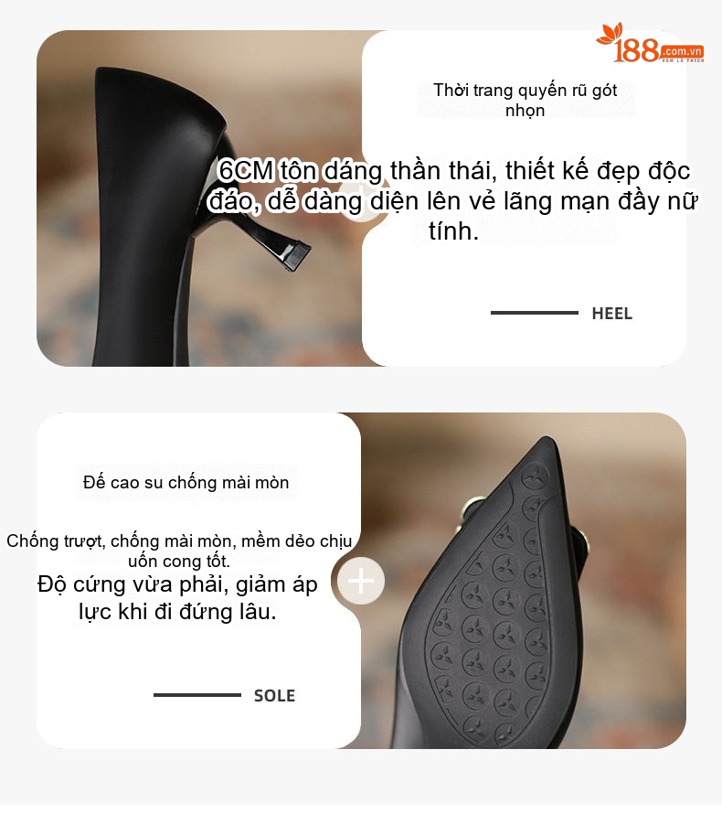 Giày Cao Gót Nữ Mũi Nhọn Gót Nhọn Chiều Cao Đế Khoảng 5cm Phong Cách Pháp Da Bóng Màu Đen, Trắng, Nude chi tiết 4
