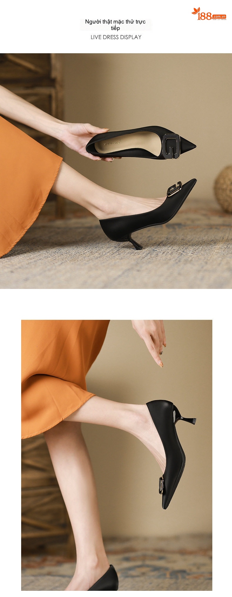 Giày Cao Gót Nữ Mũi Nhọn Gót Nhọn Chiều Cao Đế Khoảng 5cm Phong Cách Pháp Da Bóng Màu Đen, Trắng, Nude chi tiết 5
