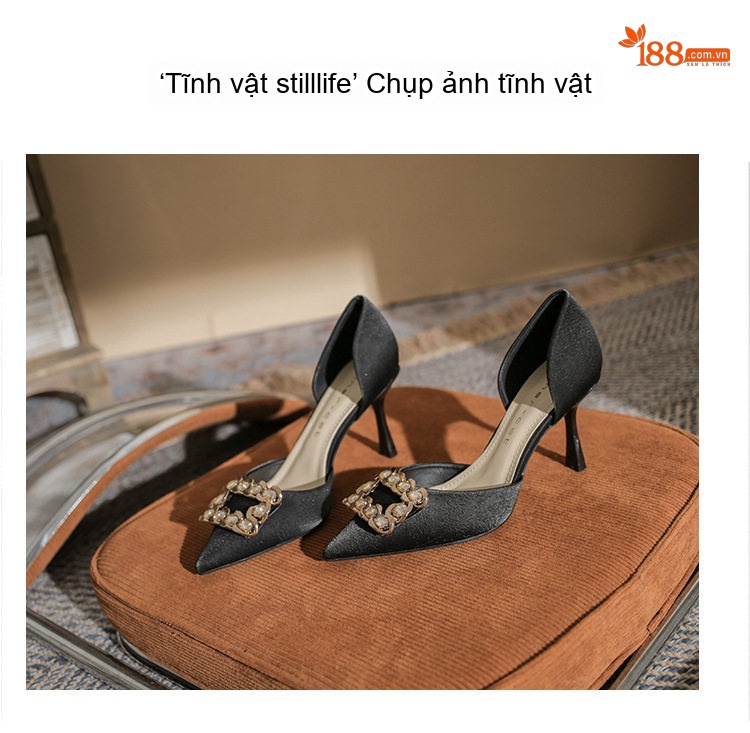 Giày Cao Gót Nữ Mũi Nhọn Gót Nhọn Chiều Cao Đế Khoảng 6cm Khóa Vuông Đính Đá Da Bóng Màu Đen, Trắng, Vàng chi tiết 24