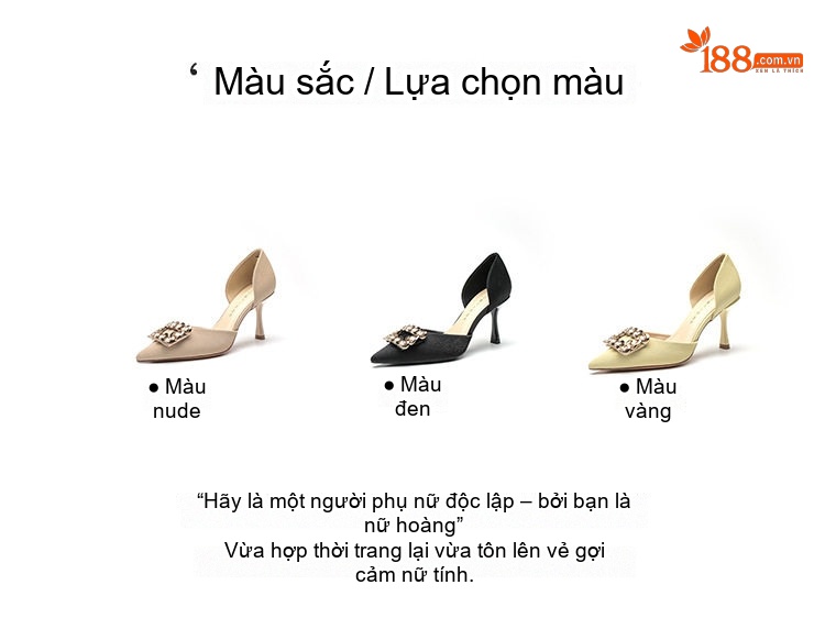Giày Cao Gót Nữ Mũi Nhọn Gót Nhọn Chiều Cao Đế Khoảng 6cm Khóa Vuông Đính Đá Da Bóng Màu Đen, Trắng, Vàng chi tiết 3