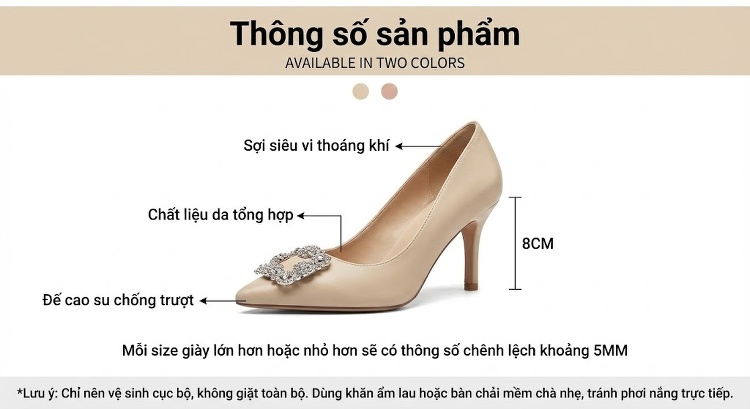 Giày Cao Gót Nữ Mũi Nhọn Gót Nhọn Chiều Cao Đế Khoảng 6cm Khóa Vuông Đính Đá Da Bóng Màu Đen, Trắng, Vàng chi tiết 4