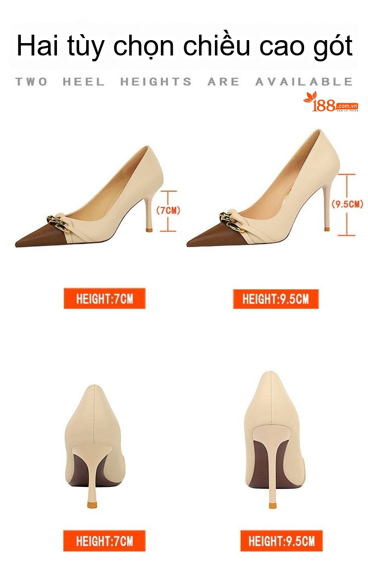 Giày Cao Gót Nữ Mũi Nhọn Gót Nhọn Chiều Cao Đế Khoảng 6cm Trang Trí Xích Kim Loại Màu Đen, Kem, Nâu chi tiết 2