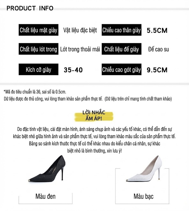 Giày Cao Gót Nữ Mũi Nhọn Gót Nhọn Chiều Cao Đế Khoảng 7cm Màu Đen, Trắng chi tiết 10