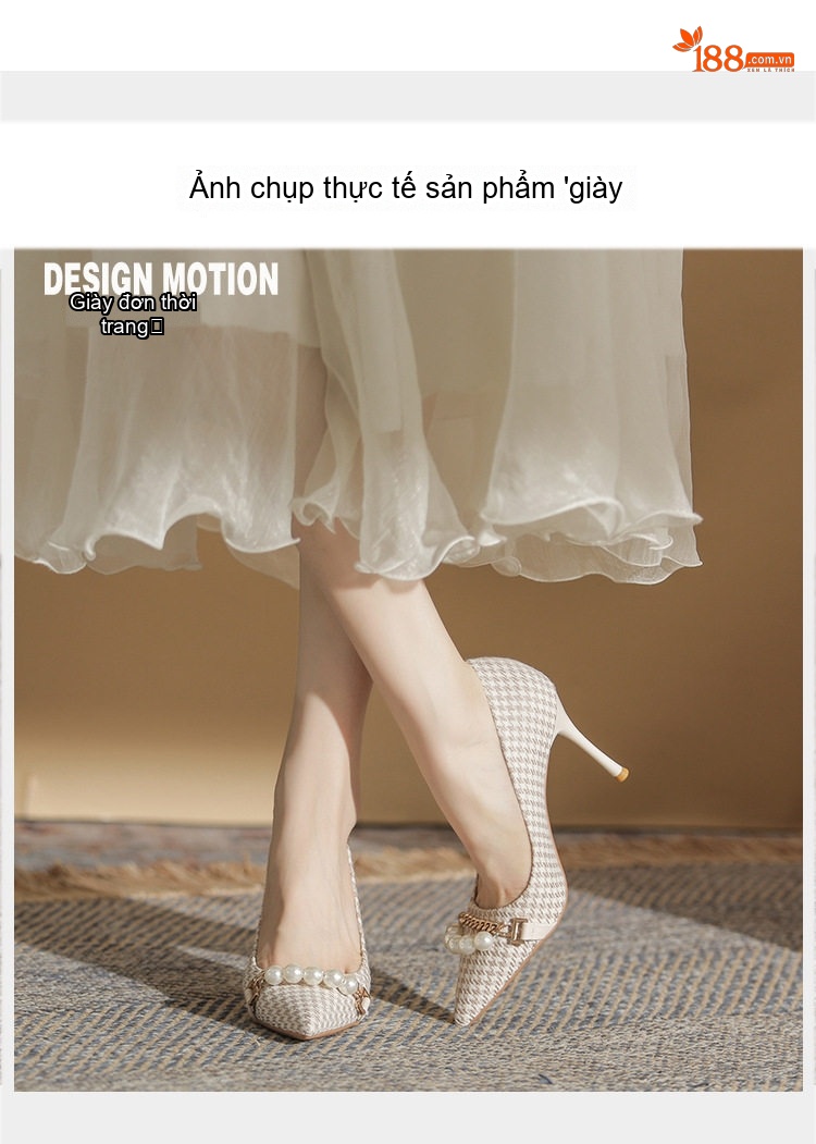 Giày Cao Gót Nữ Mũi Nhọn Gót Nhọn Chiều Cao Đế Khoảng 8cm Hoạ Tiết Houndstooth Đính Hạt Châu chi tiết 11