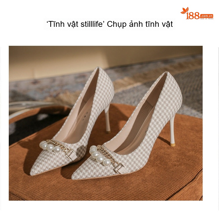 Giày Cao Gót Nữ Mũi Nhọn Gót Nhọn Chiều Cao Đế Khoảng 8cm Hoạ Tiết Houndstooth Đính Hạt Châu chi tiết 24