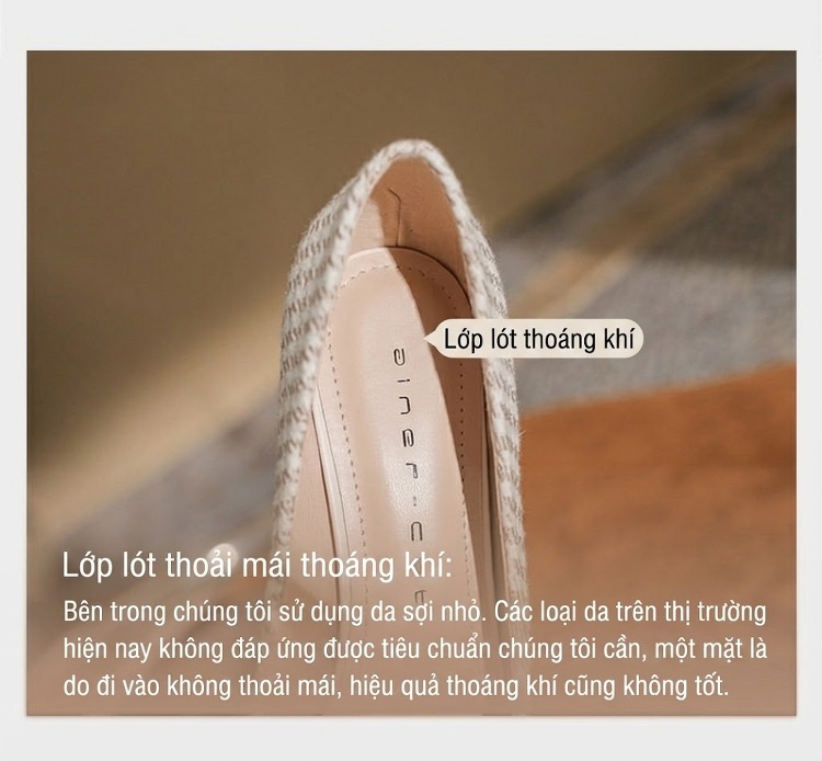 Giày Cao Gót Nữ Mũi Nhọn Gót Nhọn Chiều Cao Đế Khoảng 8cm Hoạ Tiết Houndstooth Đính Hạt Châu chi tiết 8