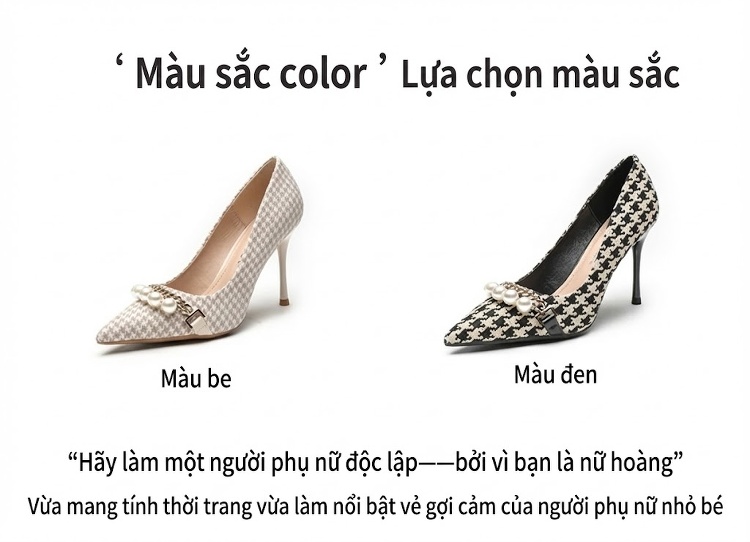 Giày Cao Gót Nữ Mũi Nhọn Gót Nhọn Chiều Cao Đế Khoảng 8cm Hoạ Tiết Houndstooth Đính Hạt Châu chi tiết 3