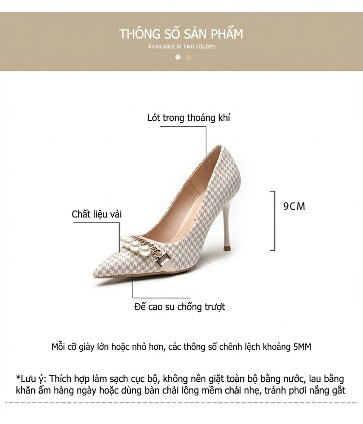 Giày Cao Gót Nữ Mũi Nhọn Gót Nhọn Chiều Cao Đế Khoảng 8cm Hoạ Tiết Houndstooth Đính Hạt Châu chi tiết 4