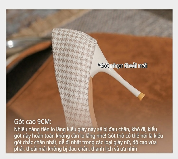 Giày Cao Gót Nữ Mũi Nhọn Gót Nhọn Chiều Cao Đế Khoảng 8cm Hoạ Tiết Houndstooth Đính Hạt Châu chi tiết 9