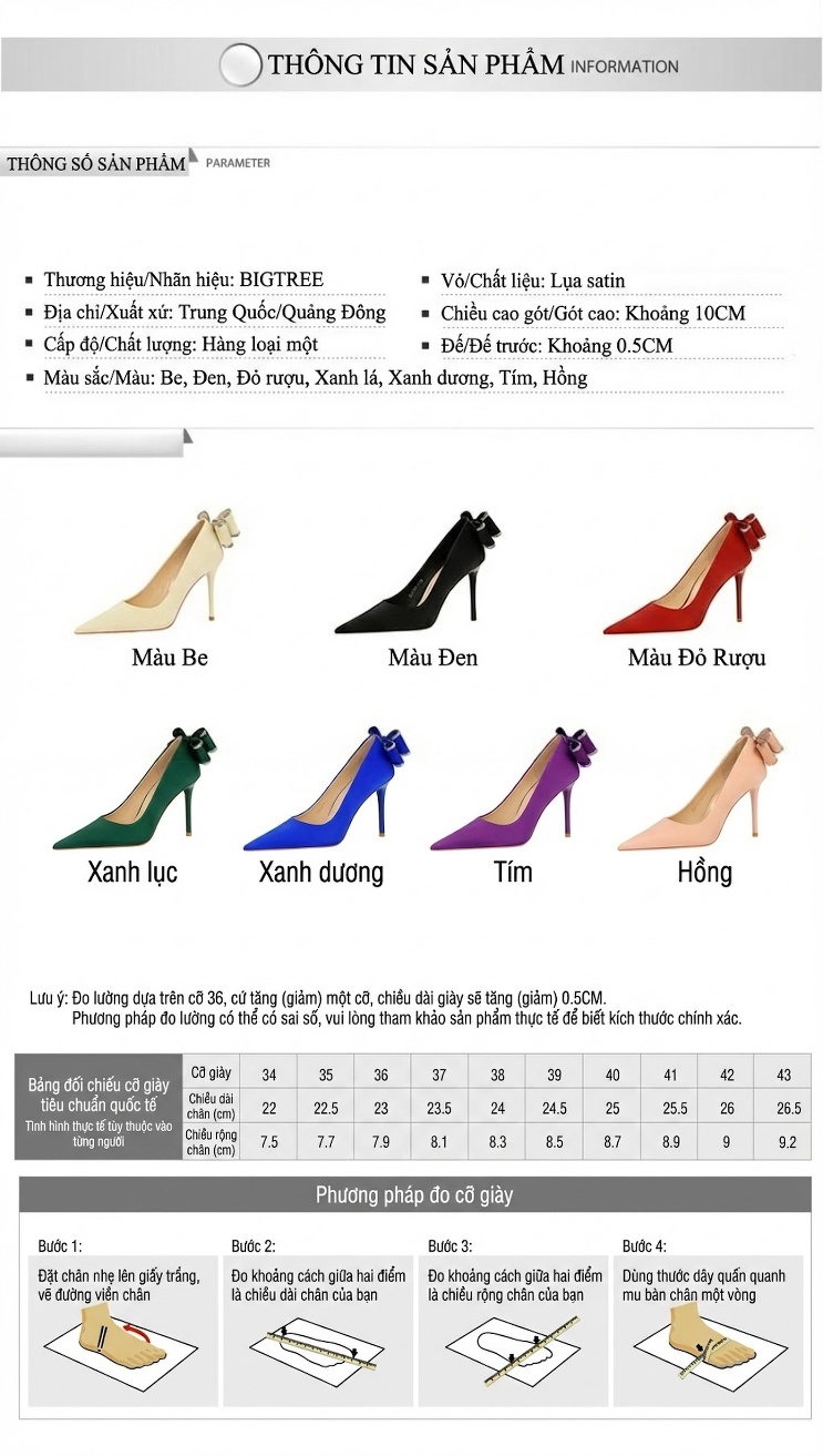 Giày Cao Gót Nữ Mũi Nhọn Gót Nhọn Chiều Cao Đế Khoảng 8cm Trang Trí Nơ Màu Đỏ, Xanh Lá, Xanh Dương, Đen... chi tiết 1