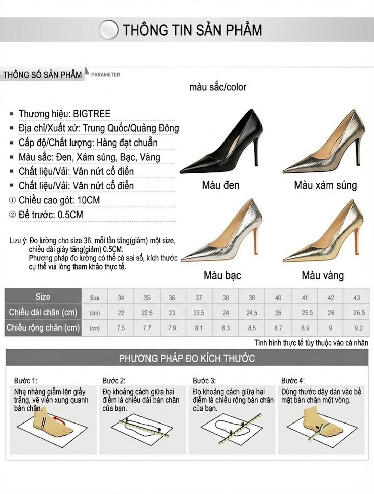 Giày Cao Gót Nữ Mũi Nhọn Gót Nhọn Dạ Tiệc Phong Cách Châu Âu Chiều Cao Đế Khoảng 8cm Màu Vàng, Bạc, Đen chi tiết 1