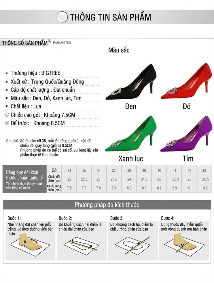 Giày Cao Gót Nữ Mũi Nhọn Gót Nhọn Đính Đá Chiều Cao Đế Khoảng 7cm Màu Đen, Đỏ, Xanh Lá, Tím... chi tiết 1