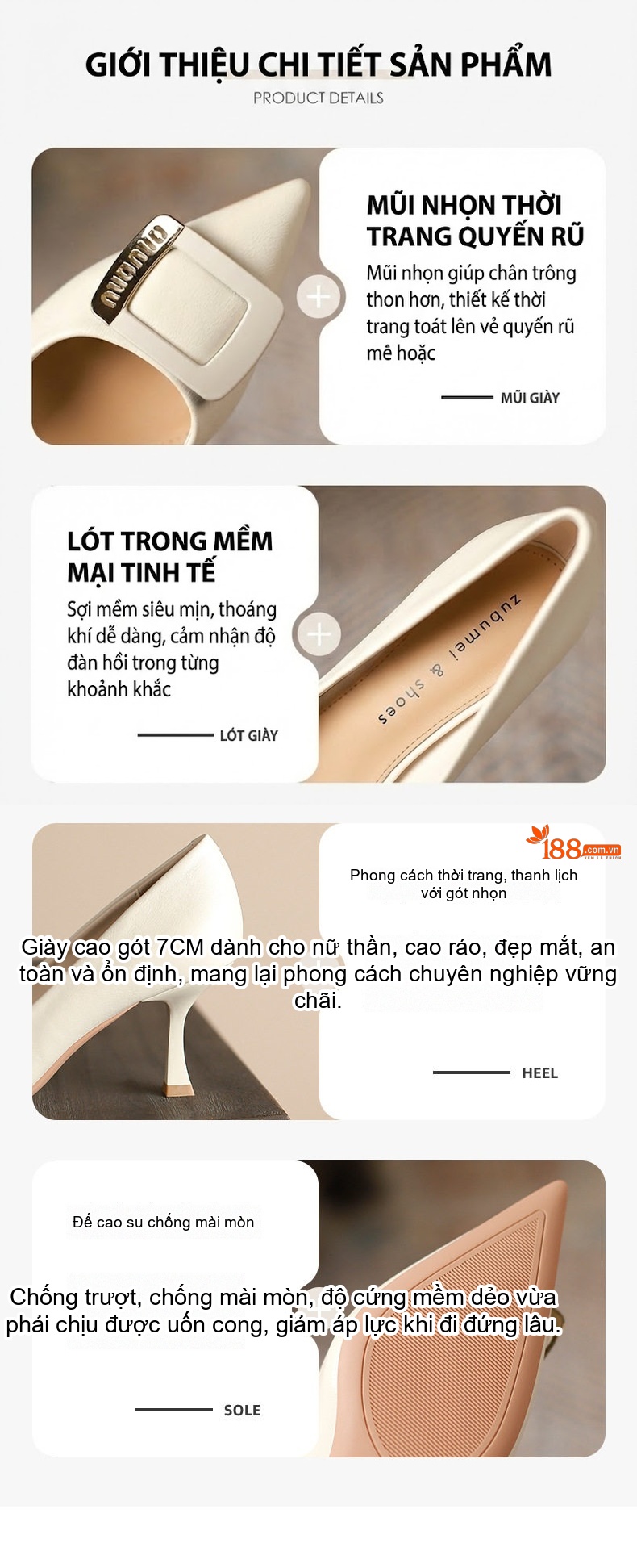Giày Cao Gót Nữ Mũi Nhọn Gót Nhọn Khóa Vuông Chiều Cao Đế Khoảng 6cm Màu Đen, Kem chi tiết 1