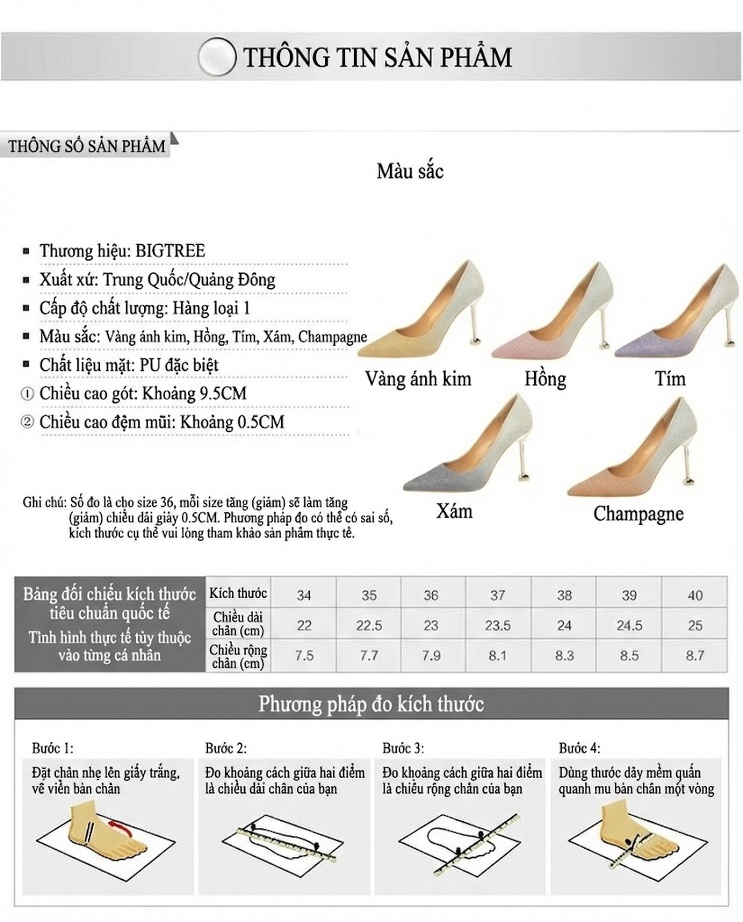 Giày Cao Gót Nữ Mũi Nhọn Gót Nhọn Màu Ombre Lấp Lánh Chiều Cao Đế Khoảng 7cm Màu Bạc, Tím, Vàng, Hồng... chi tiết 1