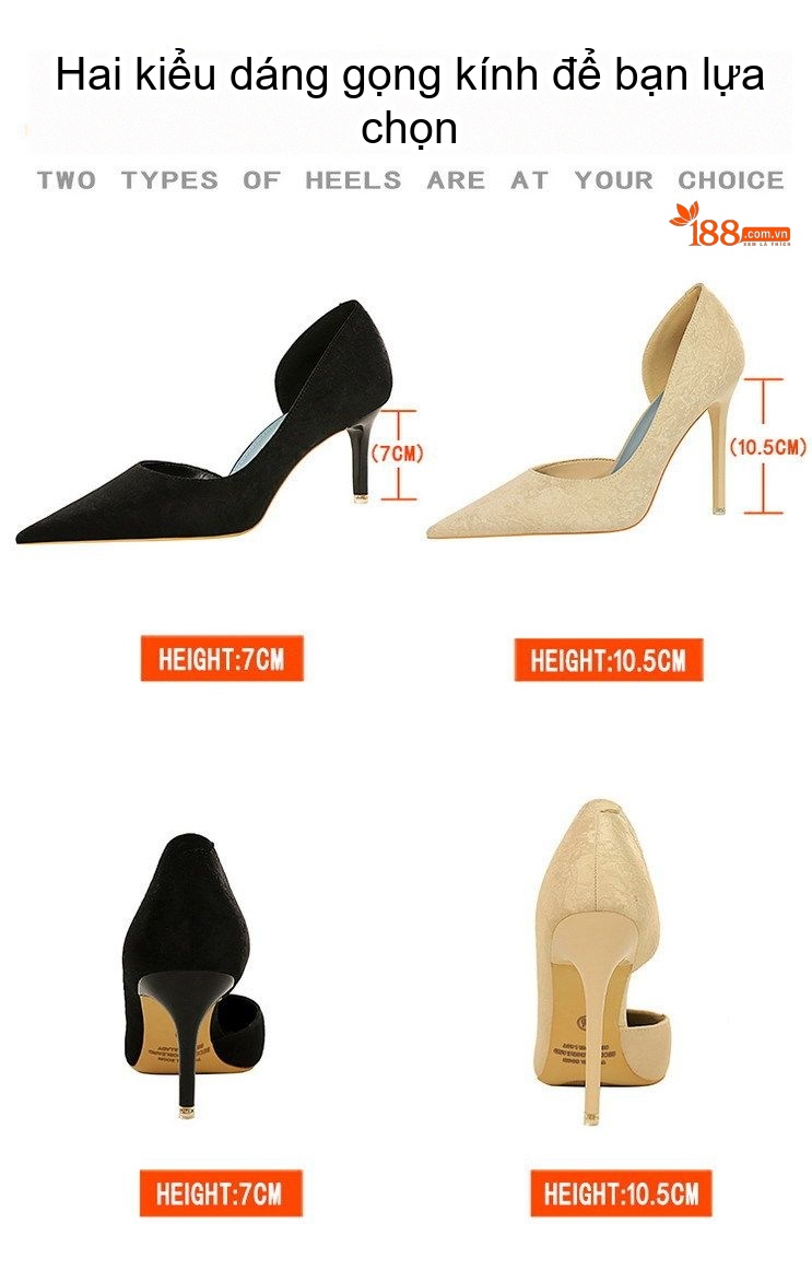 Giày Cao Gót Nữ Mũi Nhọn Hở Bên Hông Da Mờ Chiều Cao Đế Khoảng 7cm Màu Đỏ, Đen, Xanh Lá, Kem... chi tiết 2