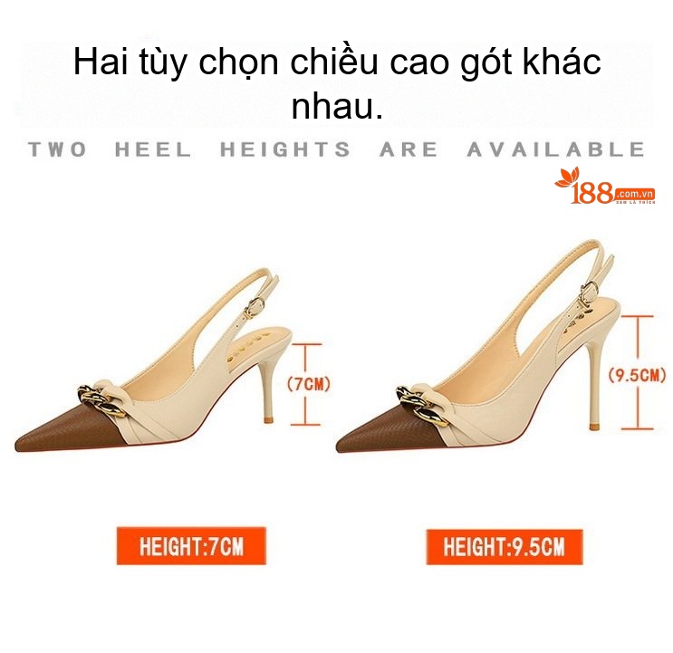 Giày Cao Gót Nữ Mũi Nhọn Hở Gót Chiều Cao Đế Khoảng 7cm Trang Trí Xích Kim Loại Màu Đen, Nâu chi tiết 2