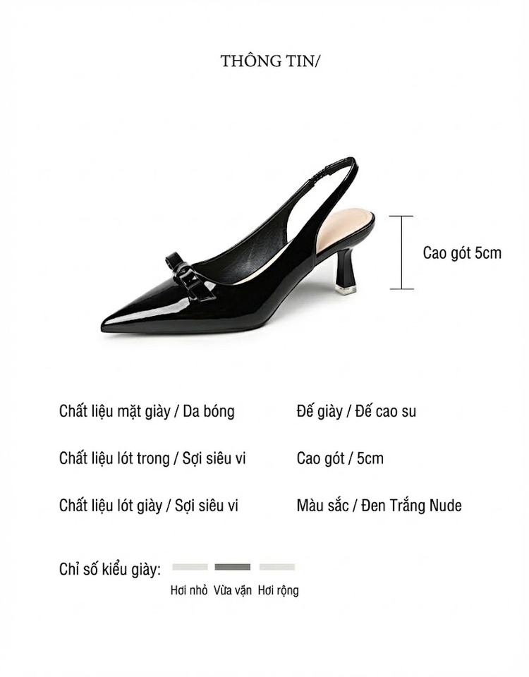 Giày Cao Gót Nữ Mũi Nhọn Hở Gót Da Bóng Chiều Cao Đế Khoảng 5cm Thiết Kế Nơ Màu Đen, Trắng, Kem chi tiết 2