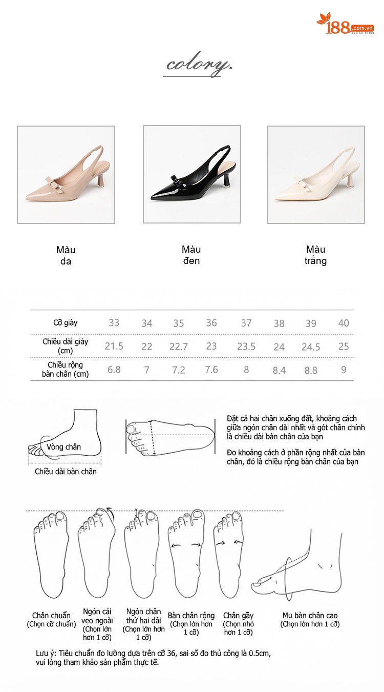 Giày Cao Gót Nữ Mũi Nhọn Hở Gót Da Bóng Chiều Cao Đế Khoảng 5cm Thiết Kế Nơ Màu Đen, Trắng, Kem chi tiết 4