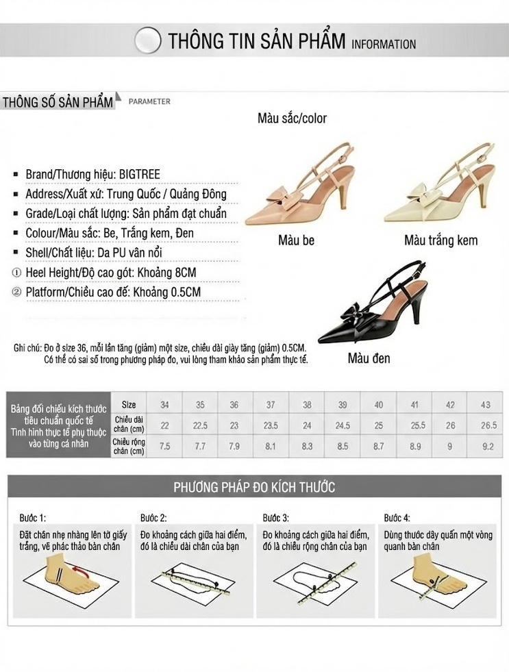 Giày Cao Gót Nữ Mũi Nhọn Hở Gót Quai Chữ X Đính Nơ Chiều Cao Đế Khoảng 7cm Màu Đen, Trắng, Kem chi tiết 1
