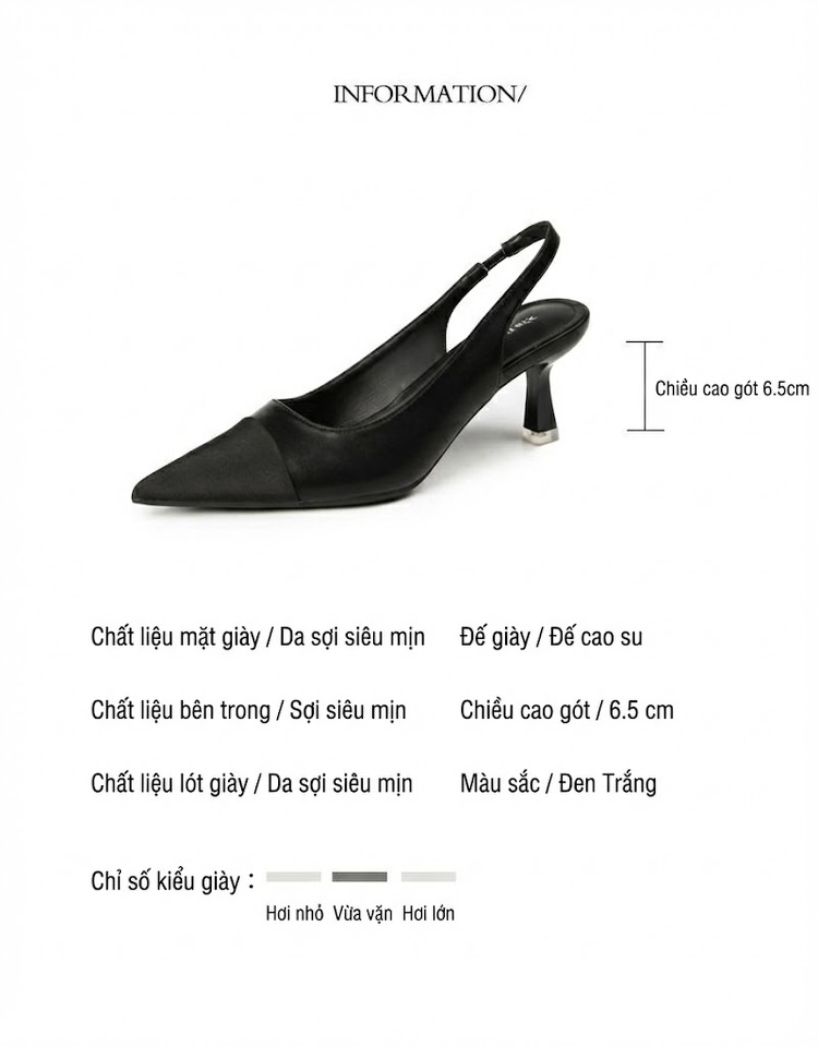 Giày Cao Gót Nữ Mũi Nhọn Hở Gót Quai Hậu Chiều Cao Đế Khoảng 5cm Màu Trắng, Kem, Đen chi tiết 2