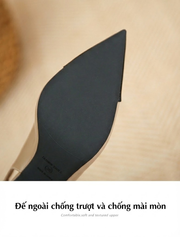 Giày Cao Gót Nữ Mũi Nhọn Hở Gót Quai Hậu Chiều Cao Đế Khoảng 5cm Màu Trắng, Kem, Đen chi tiết 8