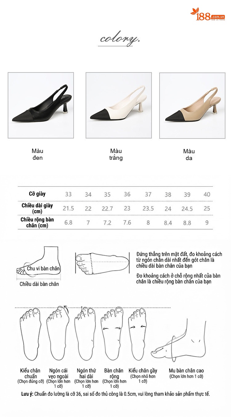 Giày Cao Gót Nữ Mũi Nhọn Hở Gót Quai Hậu Chiều Cao Đế Khoảng 5cm Màu Trắng, Kem, Đen chi tiết 4