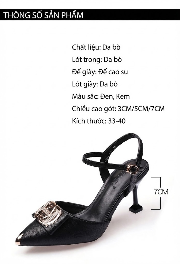 Giày Cao Gót Nữ Mũi Nhọn Hở Gót Quai Hậu Da Bóng Chiều Cao Đế Khoảng 5cm Màu Đen, Kem chi tiết 5