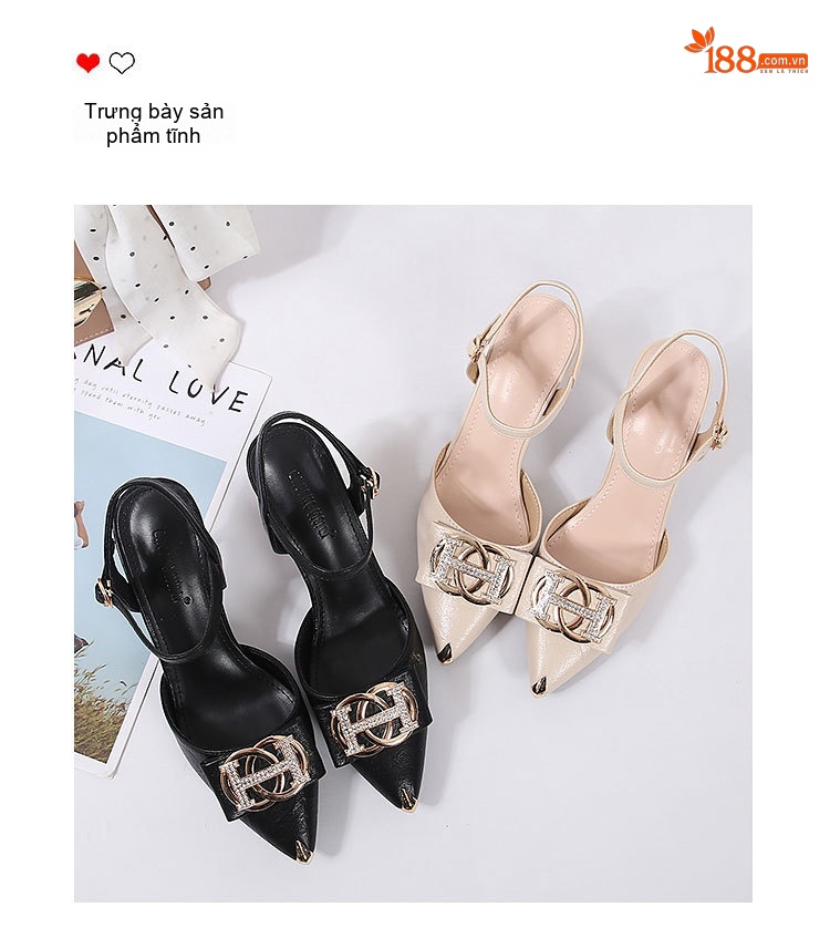 Giày Cao Gót Nữ Mũi Nhọn Hở Gót Quai Hậu Da Bóng Chiều Cao Đế Khoảng 5cm Màu Đen, Kem chi tiết 24