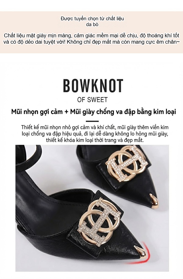 Giày Cao Gót Nữ Mũi Nhọn Hở Gót Quai Hậu Da Bóng Chiều Cao Đế Khoảng 5cm Màu Đen, Kem chi tiết 6