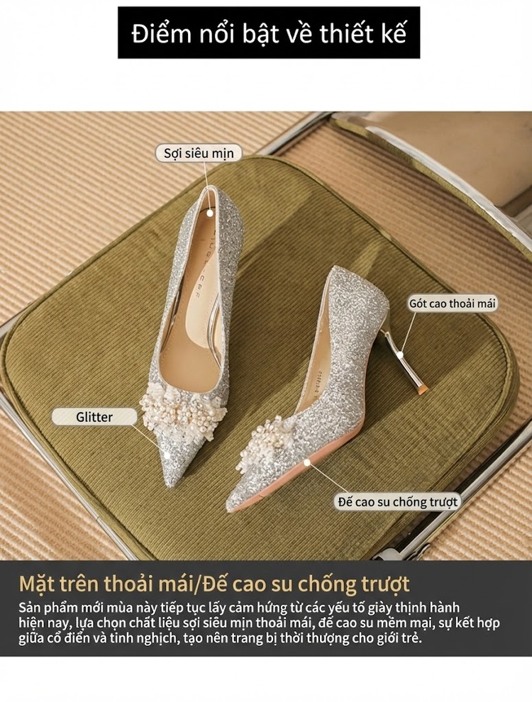 Giày Cao Gót Nữ Mũi Nhọn Hở Lưng Chiều Cao Đế Khoảng 7cm Đính Đá Pha Lê Phong Cách Pháp Màu Vàng, Bạc chi tiết 4