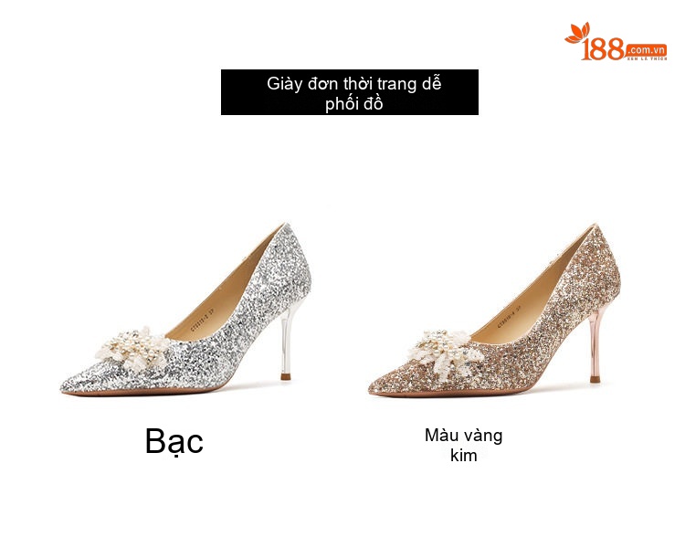 Giày Cao Gót Nữ Mũi Nhọn Hở Lưng Chiều Cao Đế Khoảng 7cm Đính Đá Pha Lê Phong Cách Pháp Màu Vàng, Bạc chi tiết 7