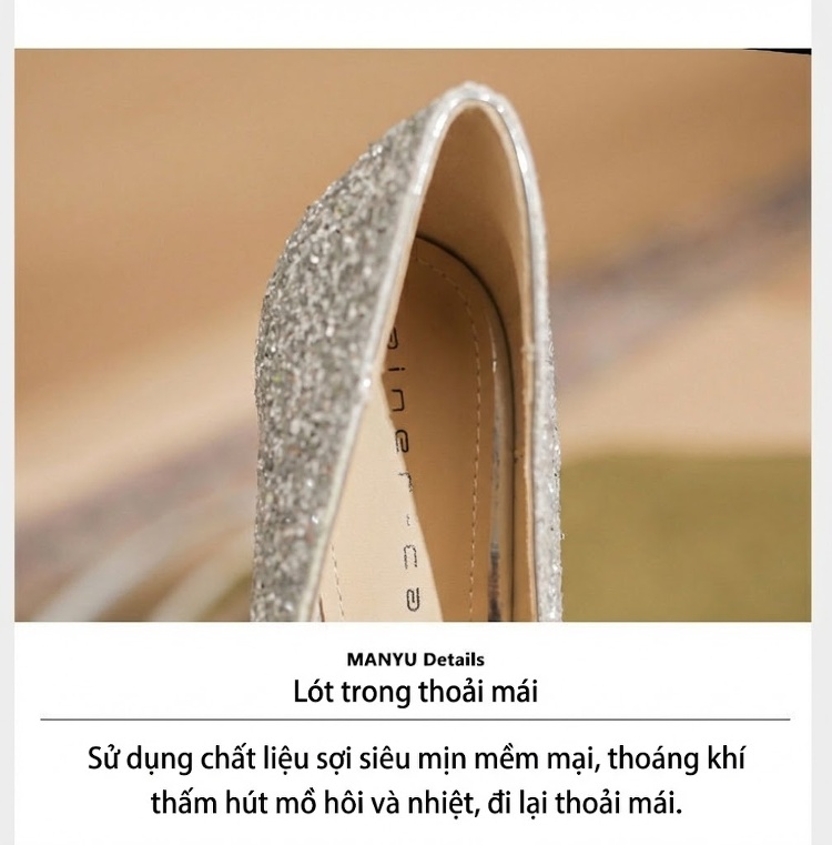 Giày Cao Gót Nữ Mũi Nhọn Hở Lưng Chiều Cao Đế Khoảng 7cm Đính Đá Pha Lê Phong Cách Pháp Màu Vàng, Bạc chi tiết 9