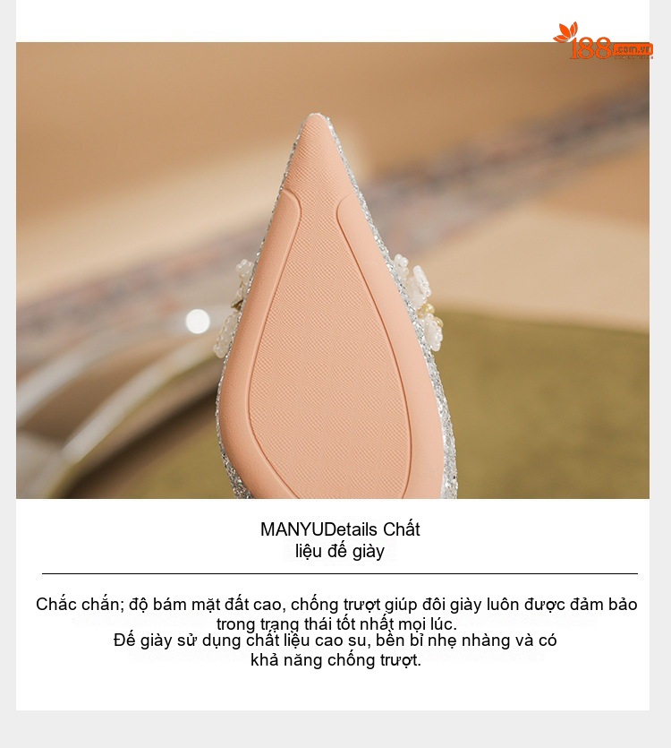 Giày Cao Gót Nữ Mũi Nhọn Hở Lưng Chiều Cao Đế Khoảng 7cm Đính Đá Pha Lê Phong Cách Pháp Màu Vàng, Bạc chi tiết 11