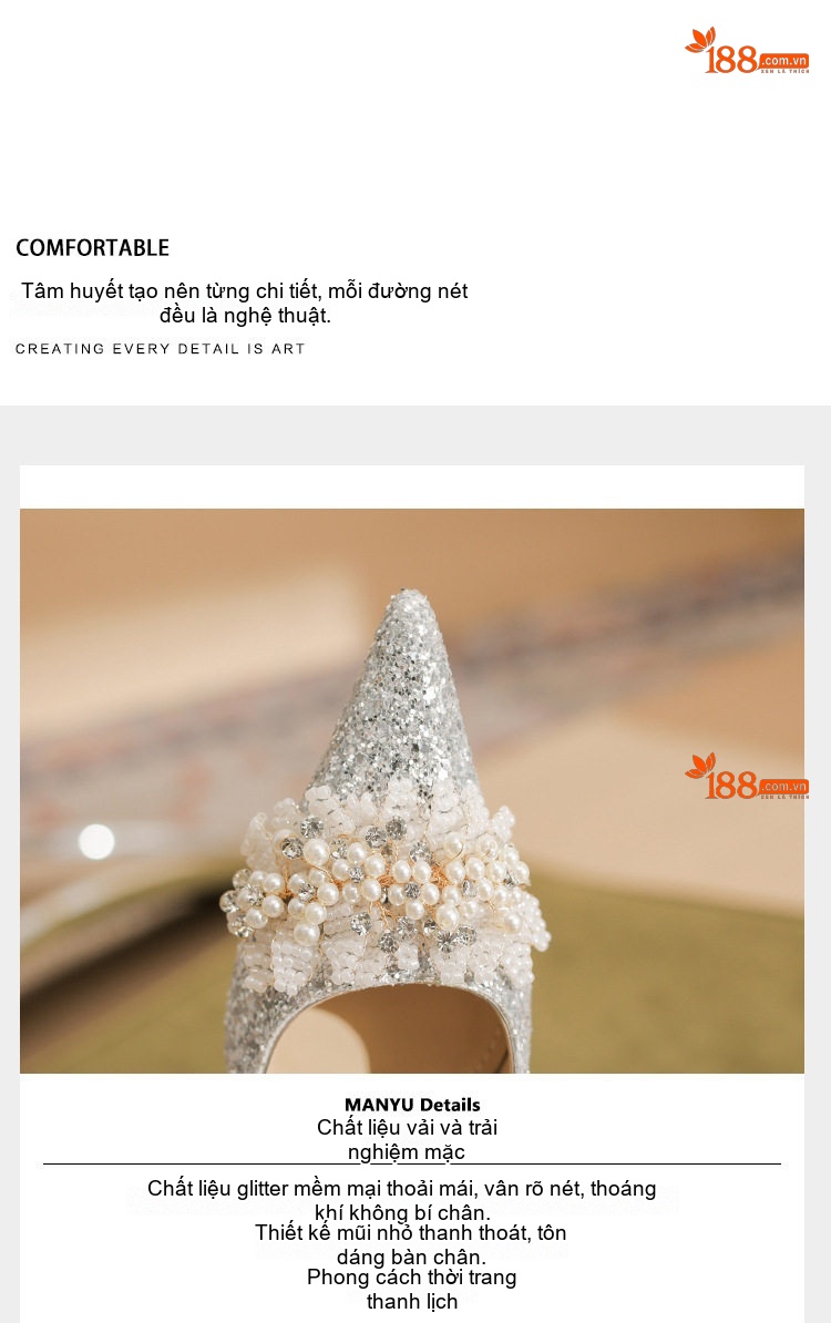 Giày Cao Gót Nữ Mũi Nhọn Hở Lưng Chiều Cao Đế Khoảng 7cm Đính Đá Pha Lê Phong Cách Pháp Màu Vàng, Bạc chi tiết 8