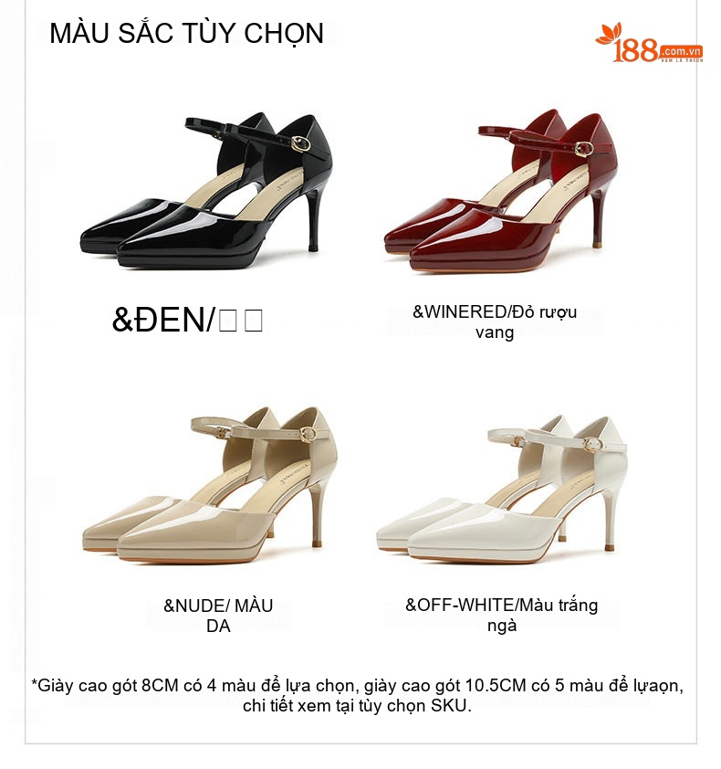 Giày Cao Gót Nữ Mũi Nhọn Hở Lưng Quai Ngang Chiều Cao Đế Khoảng 8cm Da Bóng Màu Đen, Trắng, Kem, Đỏ... chi tiết 2