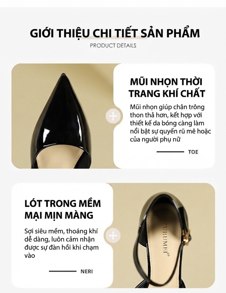 Giày Cao Gót Nữ Mũi Nhọn Hở Lưng Quai Ngang Chiều Cao Đế Khoảng 8cm Da Bóng Màu Đen, Trắng, Kem, Đỏ... chi tiết 3