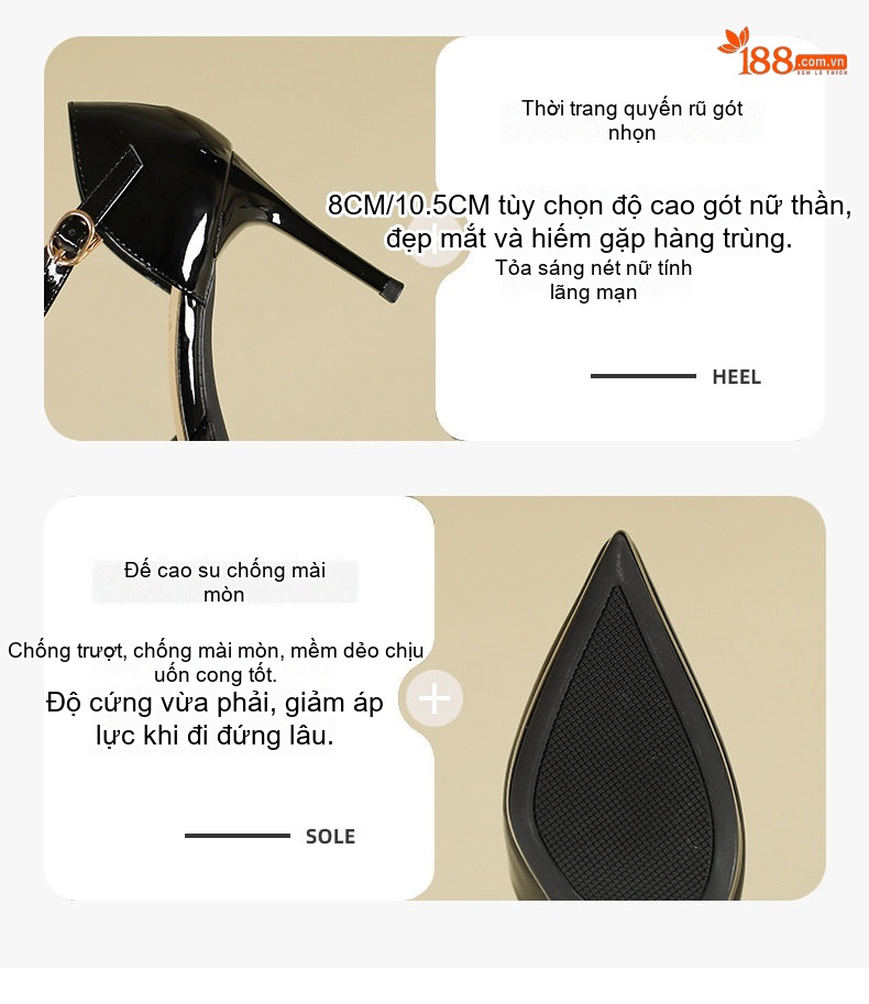 Giày Cao Gót Nữ Mũi Nhọn Hở Lưng Quai Ngang Chiều Cao Đế Khoảng 8cm Da Bóng Màu Đen, Trắng, Kem, Đỏ... chi tiết 4