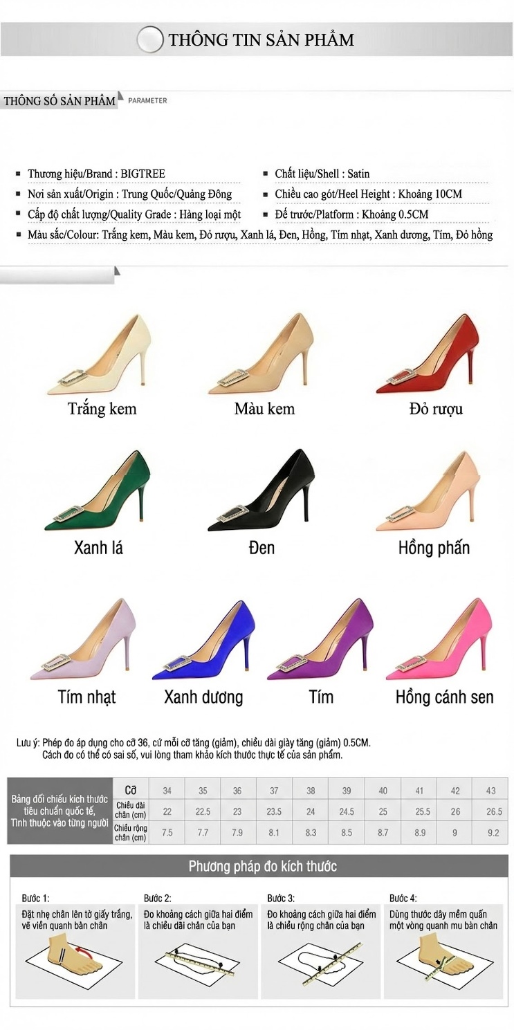 Giày Cao Gót Nữ Mũi Nhọn Khóa Kim Loại Đính Đá Chiều Cao Đế Khoảng 7cm Màu Hồng, Xanh Lá, Đỏ, Kem... chi tiết 1