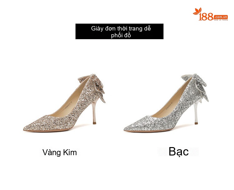 Giày Cao Gót Nữ Mũi Nhọn Kim Tuyến Đính Nơ Chiều Cao Đế Khoảng 8cm Màu Bạc, Vàng chi tiết 5