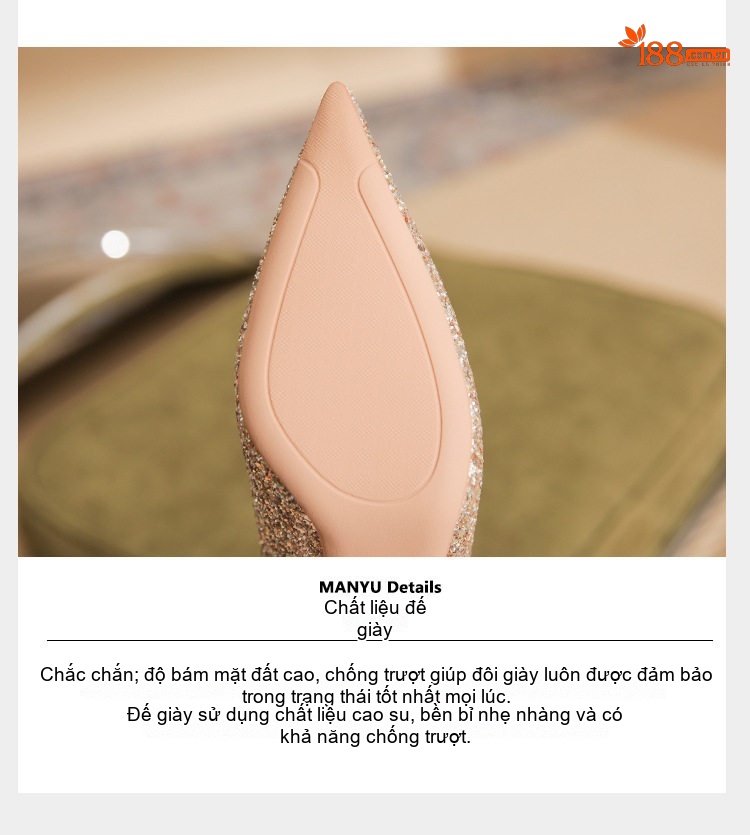 Giày Cao Gót Nữ Mũi Nhọn Kim Tuyến Đính Nơ Chiều Cao Đế Khoảng 8cm Màu Bạc, Vàng chi tiết 9