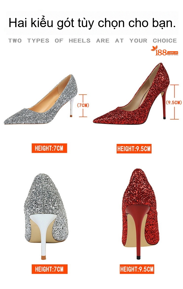 Giày Cao Gót Nữ Mũi Nhọn Kim Tuyến Gót Nhọn Chiều Cao Đế Khoảng 8cm Màu Đen, Đỏ, Vàng, Bạc... chi tiết 2